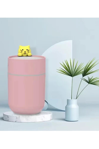Kedi Karikatürlü Masaüstü Işıklı Hava Nemlendirici Usb Destekli Pembe