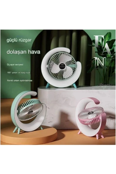 Masaüstü Vantilatör Usb Şarjlı Rgb Led Işıklı 3 Kademeli 180° Ayarlanabilir Soğutucu Fan Yeşil - 6