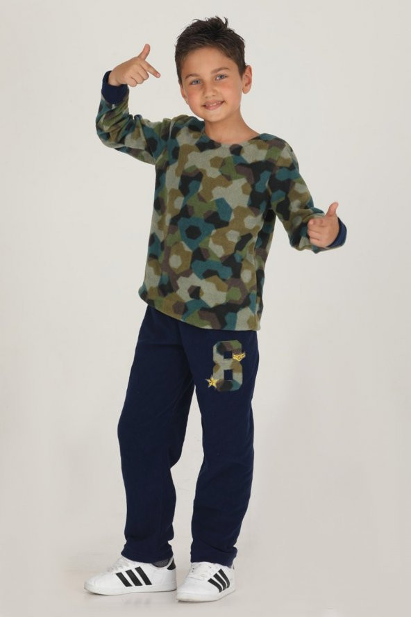 Lacivert Renk Polar Kumaş Desenli Hayal Sepeti 46007 Erkek Çocuk Pijama Takımı