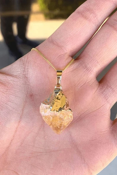 Sertifikalı Ham Para Mıknatısı Doğal Sitrin Taşı Kolye (24k Altın Kaplama) - Resim 2