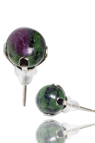 Sertifikalı Doğal Ruby Yakutlu Zoisit - Anyolit Taşı Nokta Doğal Taş Küpe