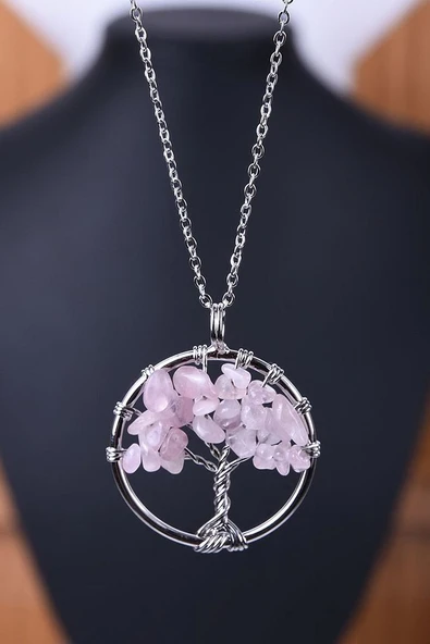 Sertifikalı Pembe Kuvars Taşı Hayat Ağacı Kolye