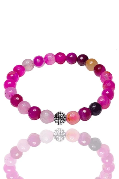 Sertifikalı Gümüş Aparatlı Fasetli Pembe Akik Taşı Bileklik ürün görseli