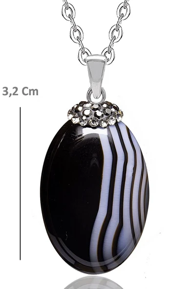 Sertifikalı Zirkon Işlemeli Siyah Akik Taşı Kolye - Resim 2