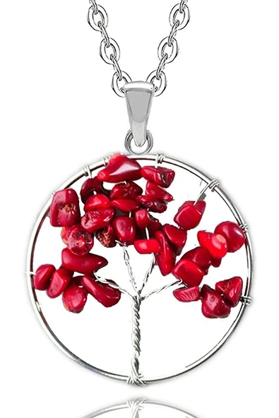 Sertifikalı Doğal Kırmızı Mercan Taşı Hayat Ağacı Kolye ürün görseli