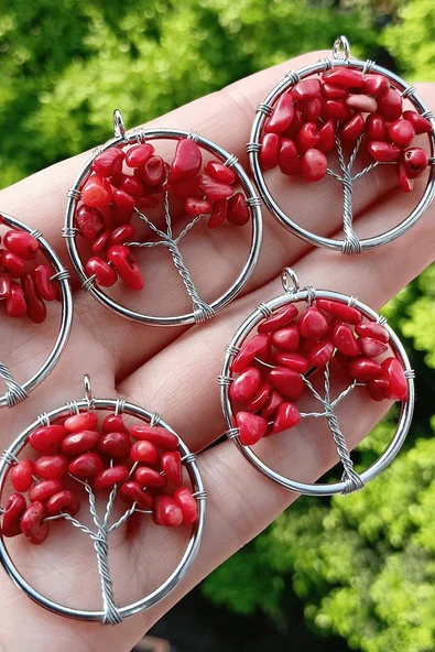 Sertifikalı Doğal Kırmızı Mercan Taşı Hayat Ağacı Kolye - Resim 2