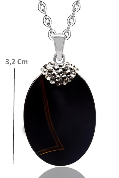 Zirkon Işlemeli Siyah Akik Doğal Taş Kolye - Resim 3