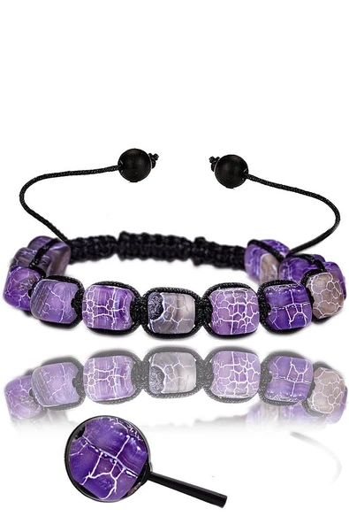 Sertifikalı Makrome Küp Kesim Damarlı Mor Akik Taşı Bileklik ürün görseli