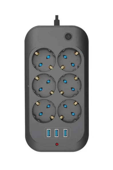 Termal Akım Korumalı, Çocuk Korumalı, 6’lı 2 Mt Uzatma Kablosu 6 X Priz, 3 X Usb