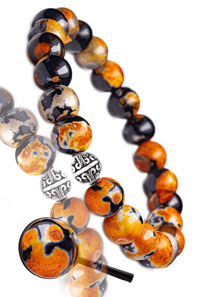 Sertifikalı Turuncu - Siyah Tibet Akiği Taşı Bileklik - Gümüş Aparatlı - Resim 2