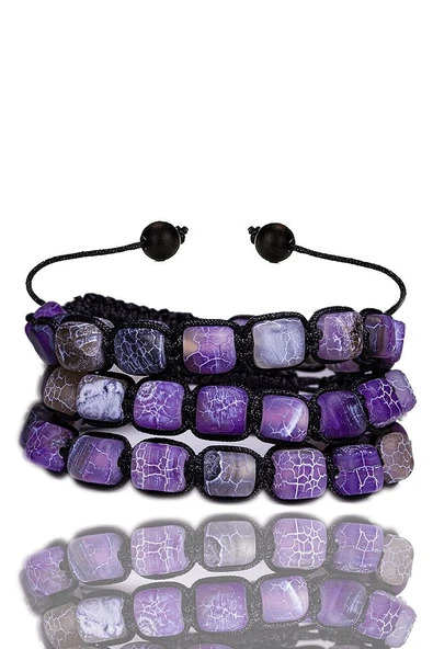 Sertifikalı Makrome Küp Kesim Damarlı Mor Akik Taşı Bileklik - Resim 3