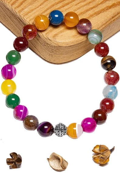 Sertifikalı Aaa+ Renkli Akik Taşı Bileklik - Gümüş Aparatlı ürün görseli