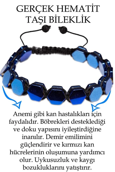 Sertifikalı Altıgen Mavi Hematit Taşı Bileklik - Makrome ürün görseli