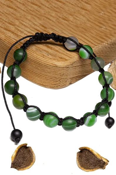 Sertifikalı Ham Işlenmemiş Yeşil Akik Taşı Bileklik - Makrome - Resim 2