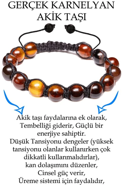 Sertifikalı Siyah - Kızıl Karnelyan - Karneol Akik Taşı Bileklik - Makrome ürün görseli