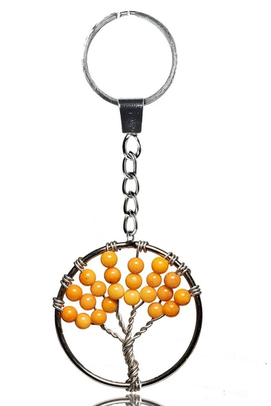 Sertifikalı Sarı Akik Taşı Hayat Ağacı Doğal Taş Anahtarlık