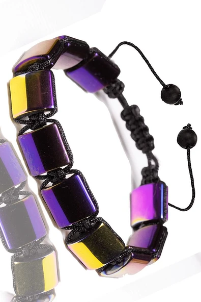 Sertifikalı Kare Sarı Mor Hematit Taşı Bileklik - Makrome - Resim 2