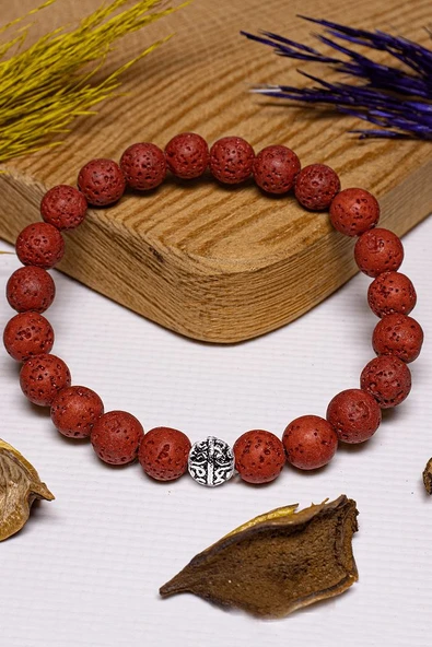 Sertifikalı Kırmızı Volkanik Lav Taşı Bileklik - Gümüş Aparatlı ürün görseli