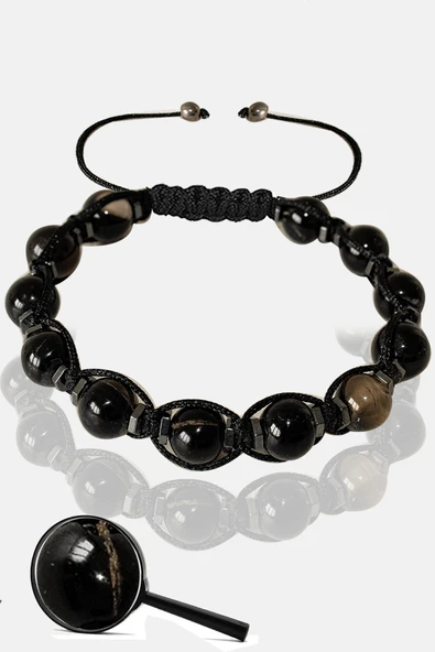 Sertifikalı Siyah Göz Akik Taşı Bileklik - Makrome - Resim 2
