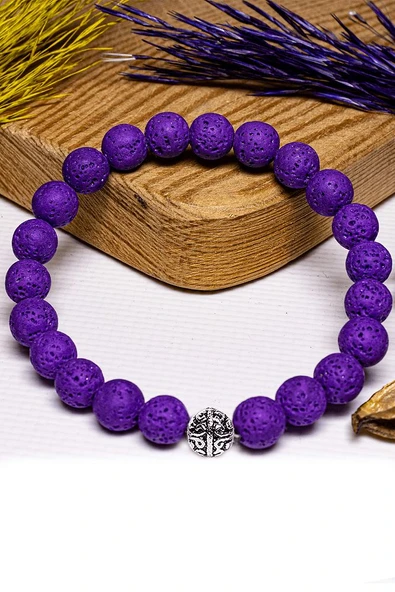 Sertifikalı Volkanik Mor Lav Taşı Bileklik - Gümüş Aparatlı - Resim 3