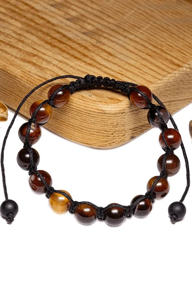 Sertifikalı Siyah - Kızıl Karnelyan - Karneol Akik Taşı Bileklik - Makrome - Resim 2