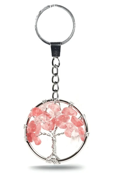 Sertifikalı Gül Kuvars Taşı Hayat Ağacı Doğal Taş Anahtarlık ürün görseli