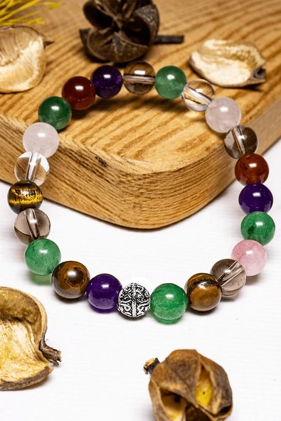 Sertifikalı Ametist Kaplan Gözü Aventurin Kuvars Obsidyen Akik Taşı 7 Çakra Doğal Taş Bileklik ürün görseli