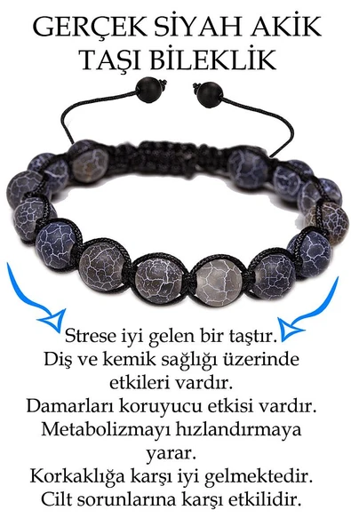 Sertifikalı Damarlı Siyah Akik Taşı Bileklik - Makrome