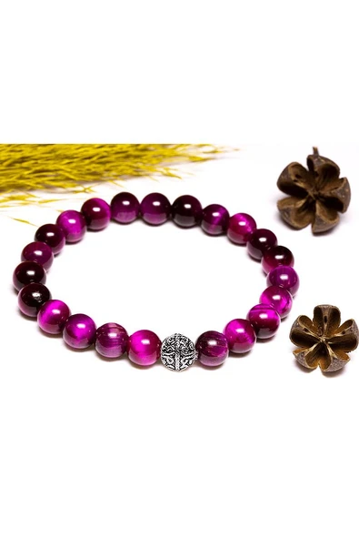 Sertifikalı Aaa+ Pembe Kaplan Gözü Taşı Bileklik - Gümüş Aparatlı - Resim 2