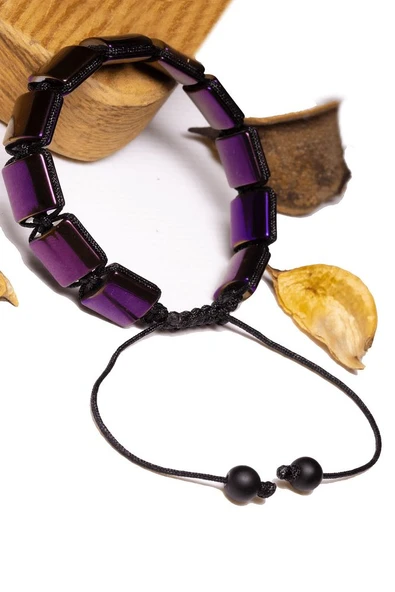 Sertifikalı Kare Kesim Mor Hematit Taşı Bileklik - Resim 2