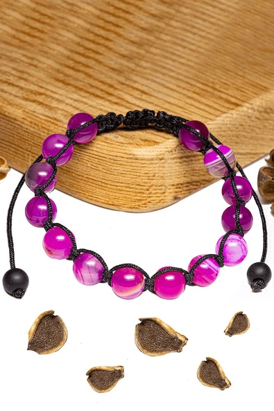 Sertifikalı Parlak Pembe Akik Taşı Bileklik - Makrome - Resim 2