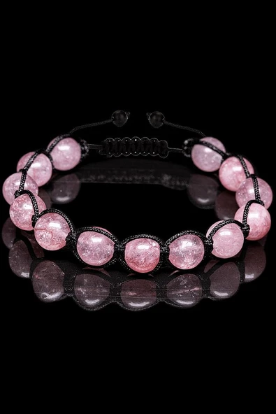 Sertifikalı Gül Kuvars Taşı Bileklik - Makrome - Resim 2