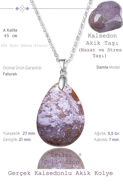 Sertifikalı Damla Model Kalsedon Akik Taşı Kolye (GÜMÜŞ APARATLI) ürün görseli