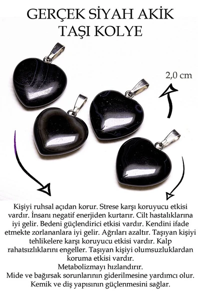 Sertifikalı Kalp Kesim Siyah Akik Taşı Kolye - Resim 2