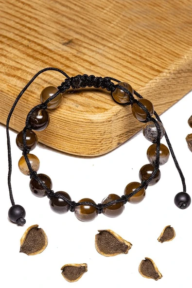 Sertifikalı Kahverengi Akik Taşı Bileklik - Makrome - Resim 2