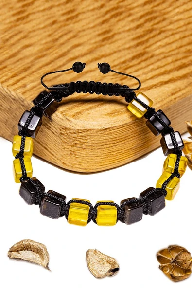 Üretici Sertifikalı Küp Kesim Bordo Sarı Doğal Damla Kehribar Bileklik - Resim 3