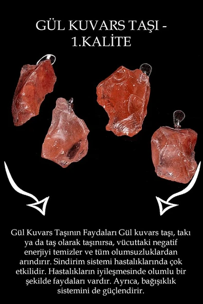 Sertifikalı Ham Işlenmemiş Gül Kuvars Taşı Kolye - Rose - Resim 3