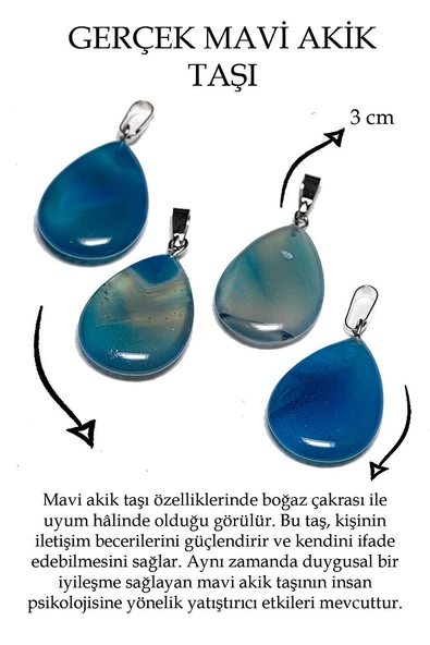 Sertifikalı Damla Model Mavi Akik Taşı Kolye (GÜMÜŞ APARATLI) - Resim 2