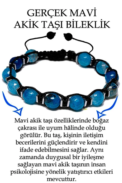 Sertifikalı Hematit - Koyu Mavi Akik Taşı Bileklik - Makrome ürün görseli