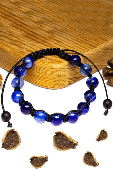 Sertifikalı Damarlı Mavi Akik Taşı Bileklik - Makrome - Resim 2