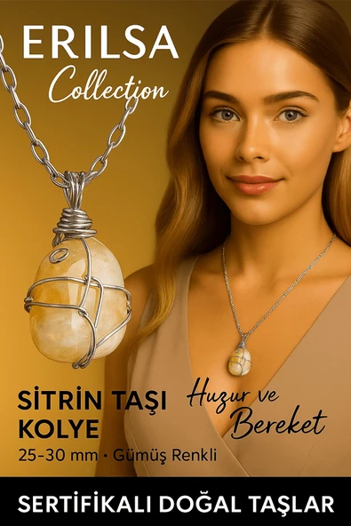 Sertifikalı Gümüş Tel Sargılı Doğal Sitirin Taşı Kolye – 25-30 mm Bolluk ve Pozitif Enerji Taşı ürün görseli