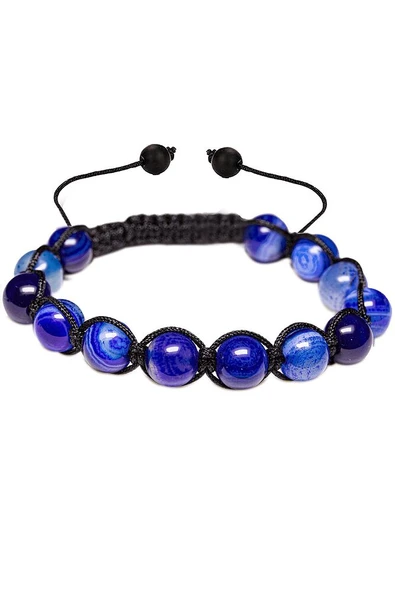 Sertifikalı Damarlı Mavi Akik Taşı Bileklik - Makrome - Resim 3