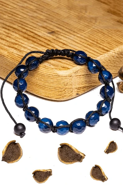 Sertifikalı Fasetli Mavi Akik Taşı Bileklik - Makrome - Resim 2