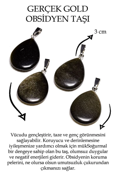Sertifikalı Damla Model Gold Obsidyen Taşı Kolye (GÜMÜŞ APARATLI) - Resim 2