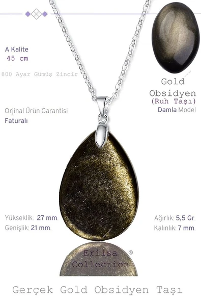 Sertifikalı Damla Model Gold Obsidyen Taşı Kolye (GÜMÜŞ APARATLI) ürün görseli
