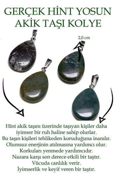 Sertifikalı Damla Model Yosunlu Hint Akik Taşı Kolye (GÜMÜŞ APARATLI) - Resim 2