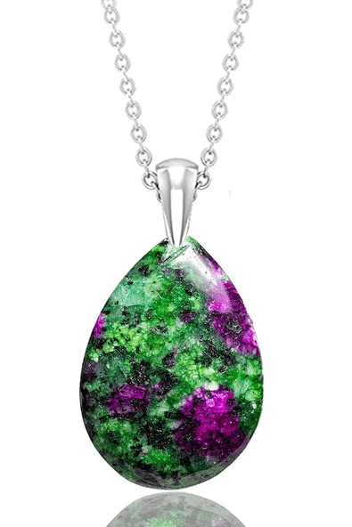 Sertifikalı Gerçek Damla Model Ruby Yakutlu Zoisite - Anyolit Taşı Kolye (GÜMÜŞ APARATLI)