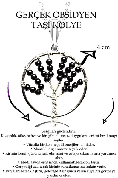 Sertifikalı Ham Siyah Obsidyen Taşı Hayat Ağacı Kolye - Resim 2
