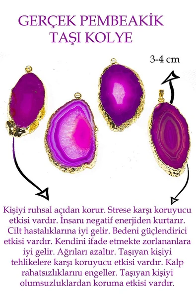 Sertifikalı Ham Pembe Akik Taşı Plaka Kolye - 24k Altın Kaplama - Resim 2