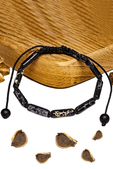 Sertifikalı Silindir Kesim Varisit - Karlı Obsidyen Taşı Bileklik - Resim 2